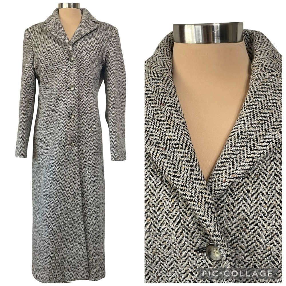 Vintage Anne Klein Herringbone Tweed Longline Coat Wool Blend Longline Coat Sz 6